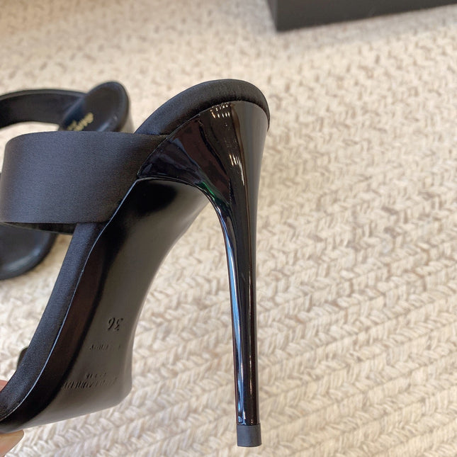 MARTHA POINTED OPEN-TOE HIGH MULES IN BLACK SILK