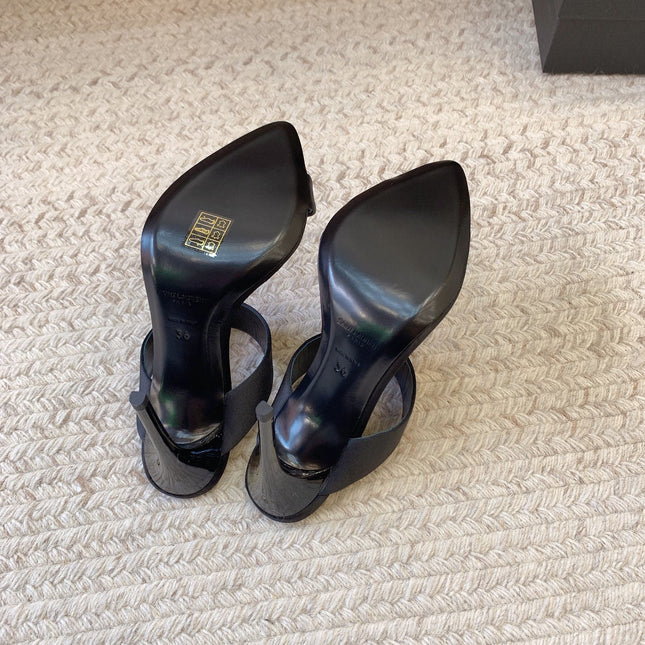 MARTHA POINTED OPEN-TOE HIGH MULES IN BLACK SILK