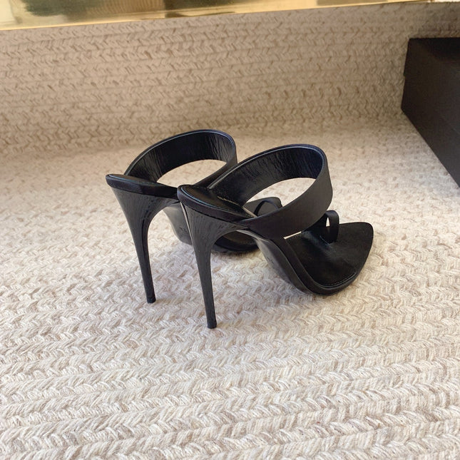 MARTHA POINTED OPEN-TOE HIGH MULES IN BLACK SILK