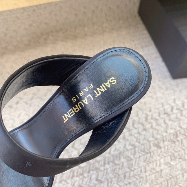 MARTHA POINTED OPEN-TOE HIGH MULES IN BLACK SILK