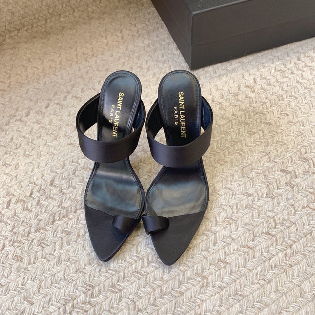 MARTHA POINTED OPEN-TOE HIGH MULES IN BLACK SILK