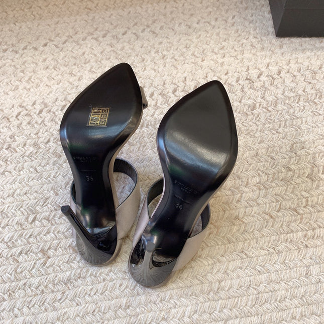 MARTHA POINTED OPEN-TOE HIGH MULES IN GRAY SILK