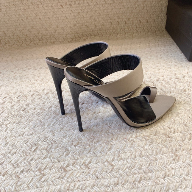 MARTHA POINTED OPEN-TOE HIGH MULES IN GRAY SILK