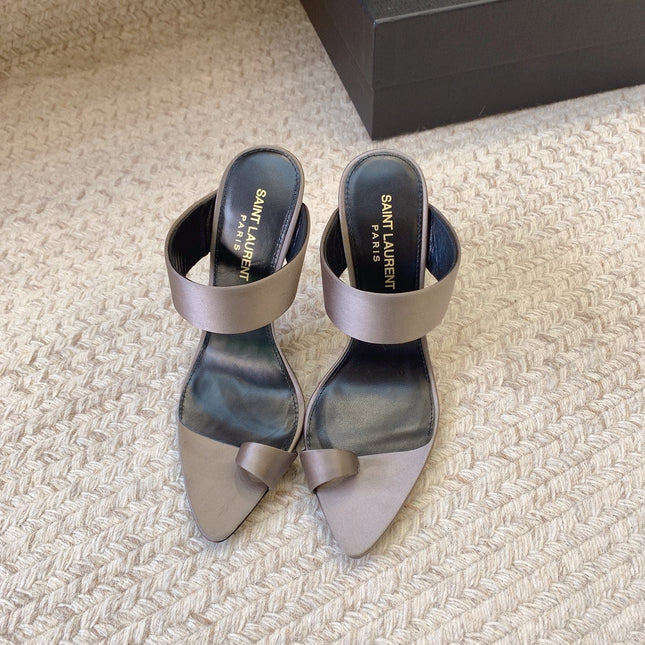 MARTHA POINTED OPEN-TOE HIGH MULES IN GRAY SILK