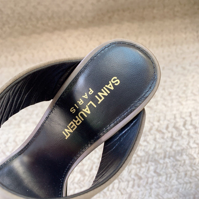 MARTHA POINTED OPEN-TOE HIGH MULES IN GRAY SILK