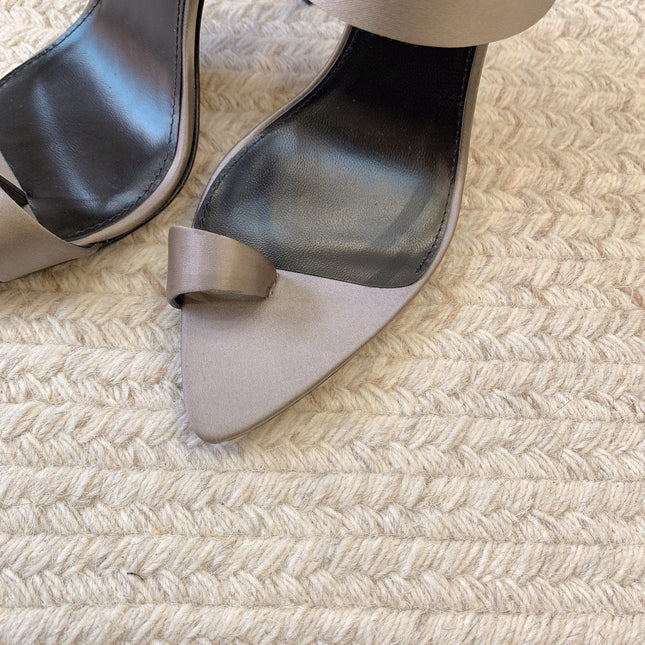 MARTHA POINTED OPEN-TOE HIGH MULES IN GRAY SILK