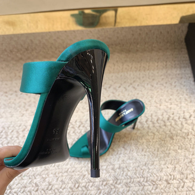 MARTHA POINTED OPEN-TOE HIGH MULES IN TEAL GREEN SILK
