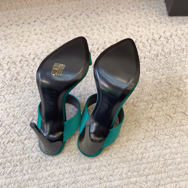 MARTHA POINTED OPEN-TOE HIGH MULES IN TEAL GREEN SILK