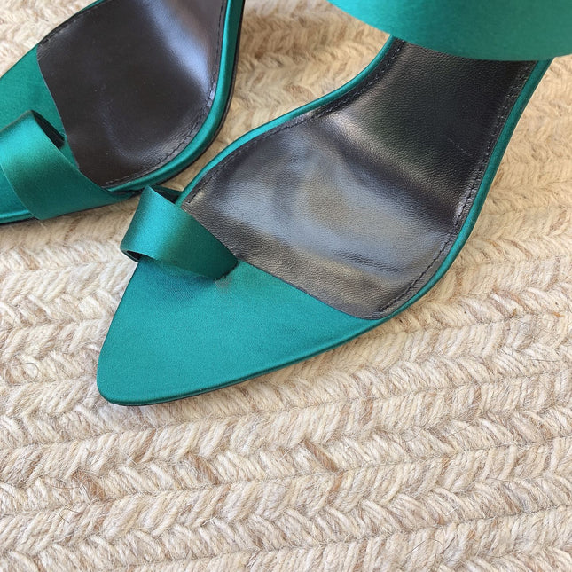 MARTHA POINTED OPEN-TOE HIGH MULES IN TEAL GREEN SILK