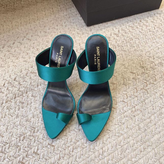 MARTHA POINTED OPEN-TOE HIGH MULES IN TEAL GREEN SILK