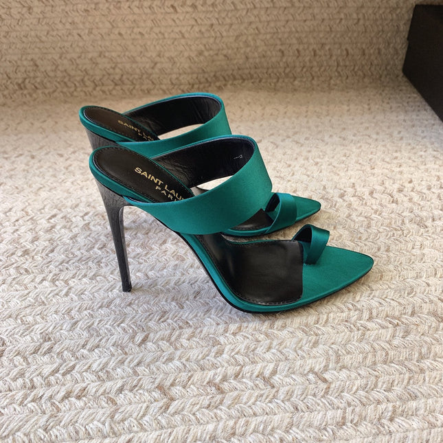 MARTHA POINTED OPEN-TOE HIGH MULES IN TEAL GREEN SILK