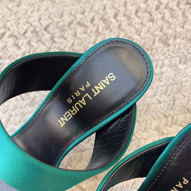 MARTHA POINTED OPEN-TOE HIGH MULES IN TEAL GREEN SILK