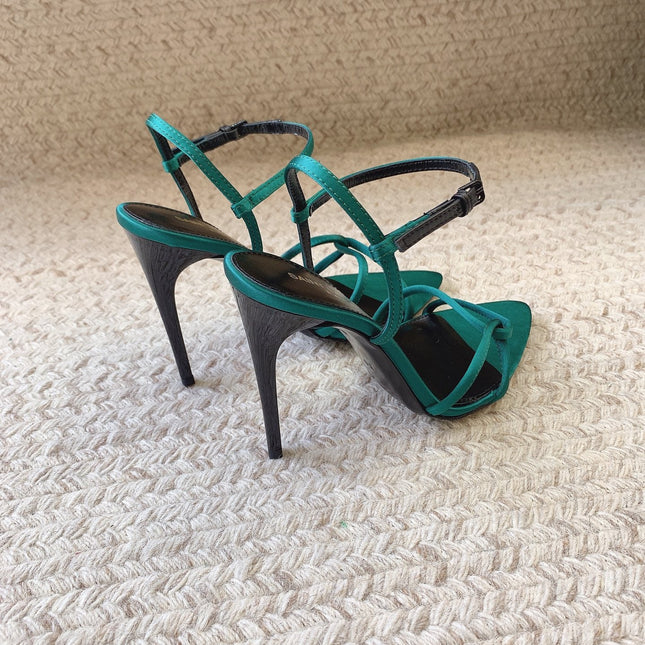 STRAPPY HIGH HEEL SANDALS IN TEAL GREEN SILK
