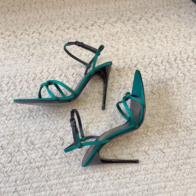 STRAPPY HIGH HEEL SANDALS IN TEAL GREEN SILK