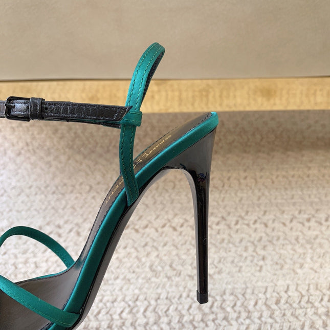 STRAPPY HIGH HEEL SANDALS IN TEAL GREEN SILK