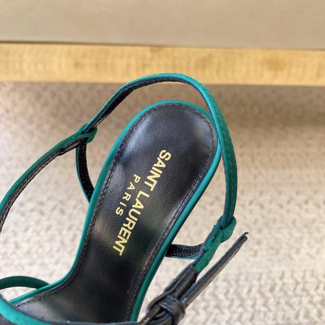 STRAPPY HIGH HEEL SANDALS IN TEAL GREEN SILK