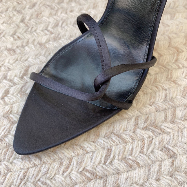 STRAPPY HIGH HEEL SANDALS IN BLACK SILK