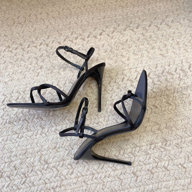 STRAPPY HIGH HEEL SANDALS IN BLACK SILK