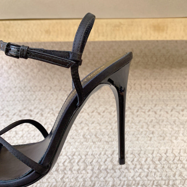 STRAPPY HIGH HEEL SANDALS IN BLACK SILK