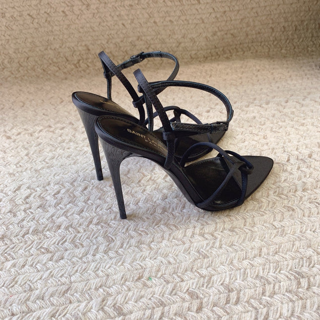 STRAPPY HIGH HEEL SANDALS IN BLACK SILK