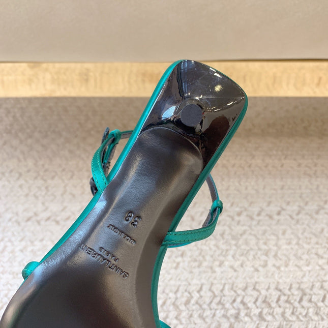 STRAPPY MID HEEL SANDALS IN TEAL GREEN SILK