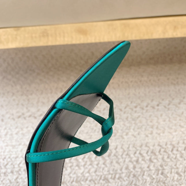 STRAPPY MID HEEL SANDALS IN TEAL GREEN SILK