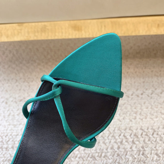 STRAPPY MID HEEL SANDALS IN TEAL GREEN SILK