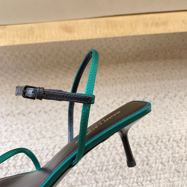 STRAPPY MID HEEL SANDALS IN TEAL GREEN SILK