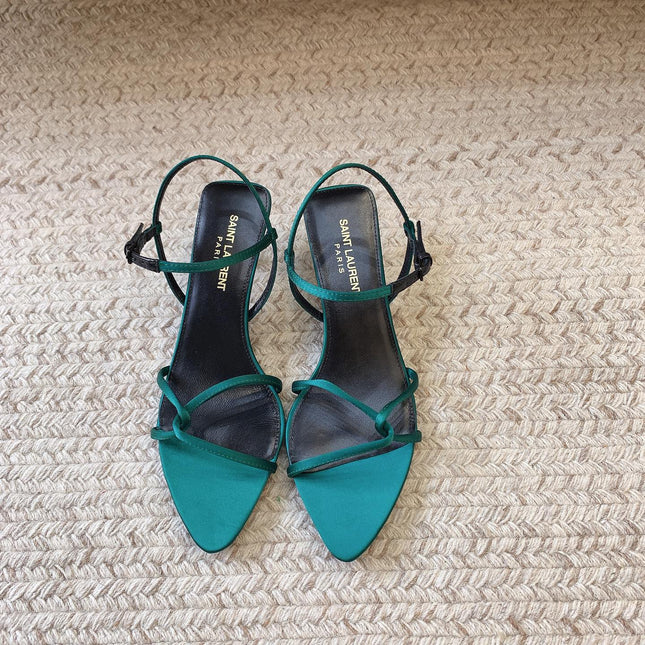 STRAPPY MID HEEL SANDALS IN TEAL GREEN SILK