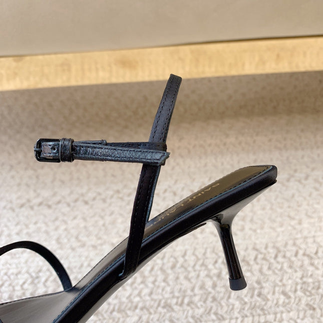 STRAPPY MID HEEL SANDALS IN BLACK SILK