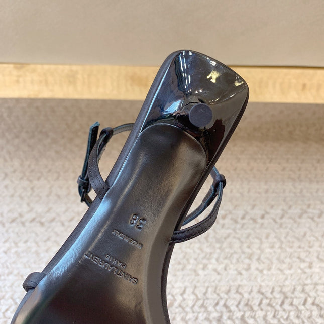 STRAPPY MID HEEL SANDALS IN BLACK SILK