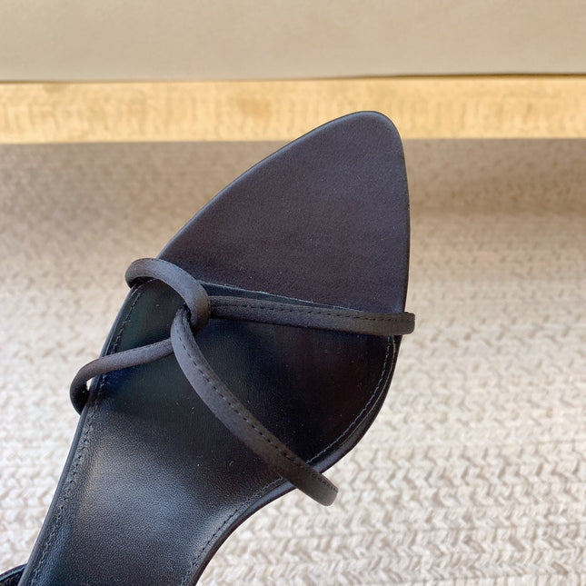 STRAPPY MID HEEL SANDALS IN BLACK SILK