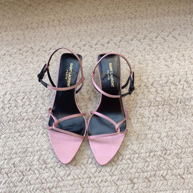 STRAPPY MID HEEL SANDALS IN PINK SILK
