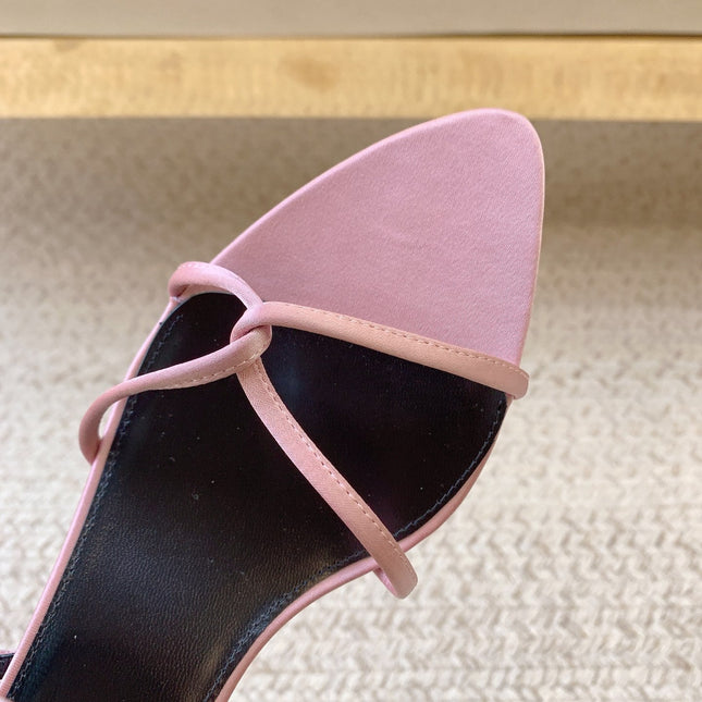 STRAPPY MID HEEL SANDALS IN PINK SILK
