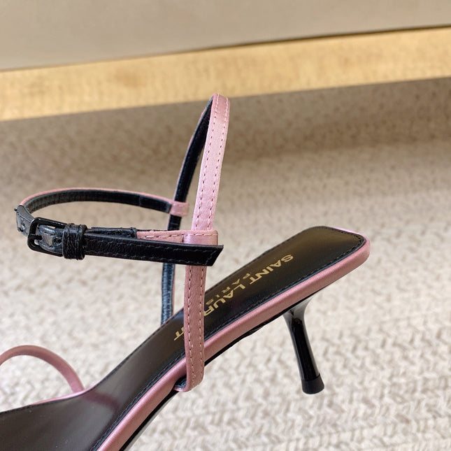 STRAPPY MID HEEL SANDALS IN PINK SILK