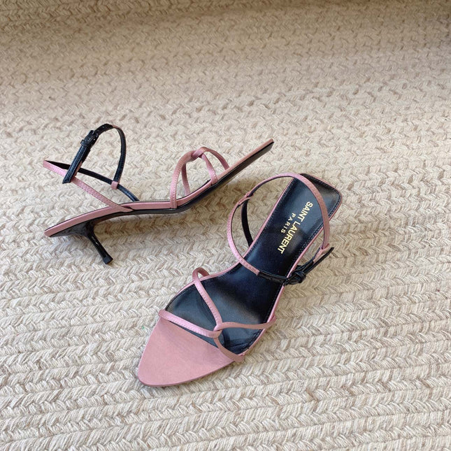 STRAPPY MID HEEL SANDALS IN PINK SILK