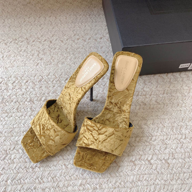 HIGH HEEL SLIDES IN SAND YELLOW VELVET
