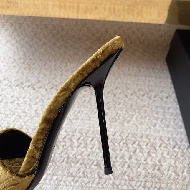 HIGH HEEL SLIDES IN SAND YELLOW VELVET