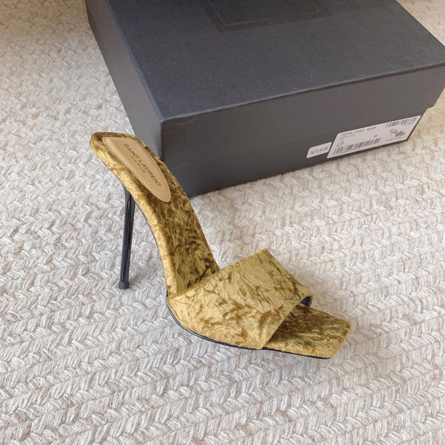 HIGH HEEL SLIDES IN SAND YELLOW VELVET