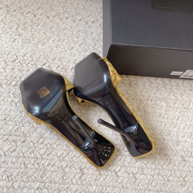 HIGH HEEL SLIDES IN SAND YELLOW VELVET