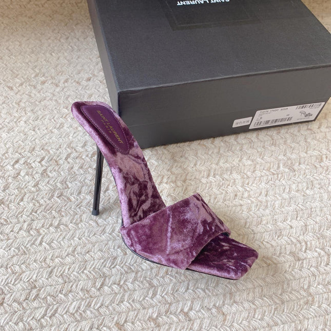 HIGH HEEL SLIDES IN PURPLE VELVET