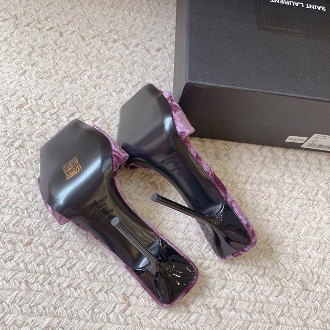 HIGH HEEL SLIDES IN PURPLE VELVET
