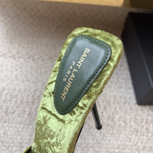 HIGH HEEL SLIDES IN TEA GREEN VELVET