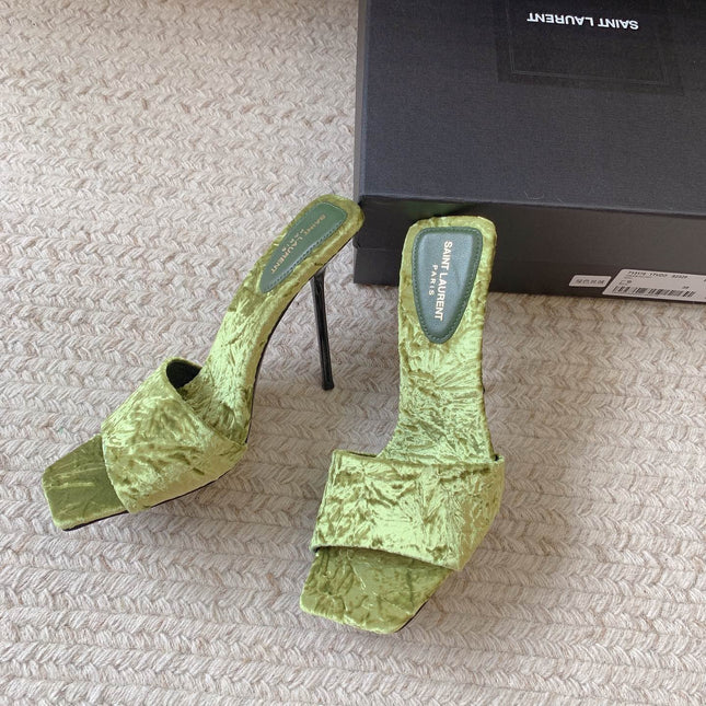 HIGH HEEL SLIDES IN TEA GREEN VELVET
