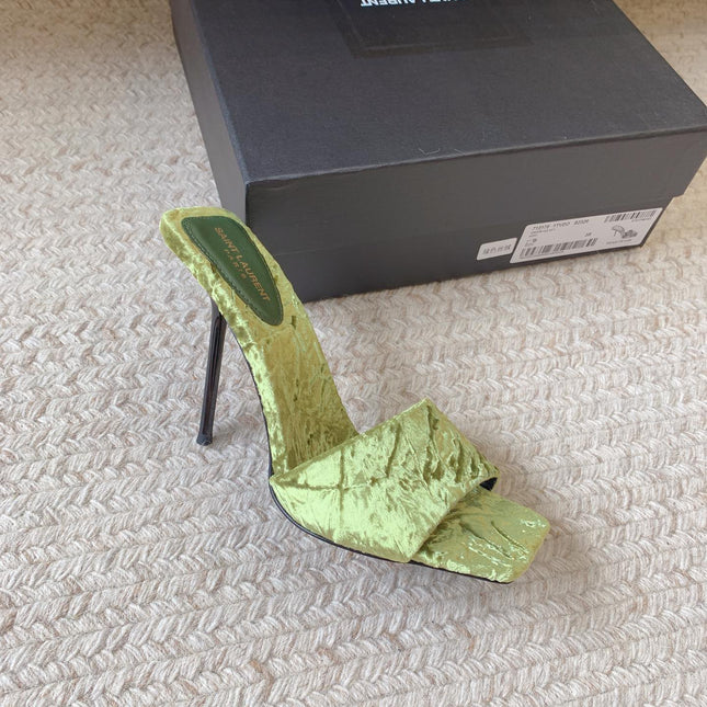 HIGH HEEL SLIDES IN TEA GREEN VELVET