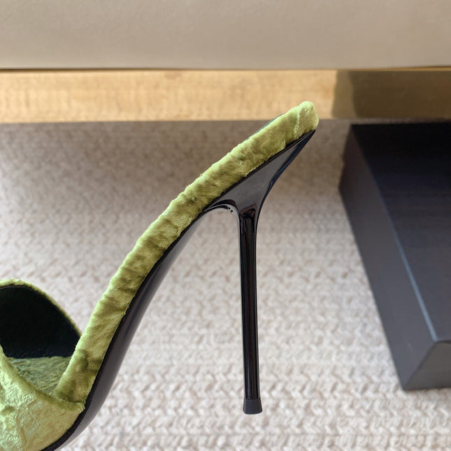 HIGH HEEL SLIDES IN TEA GREEN VELVET