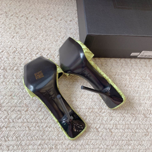 HIGH HEEL SLIDES IN TEA GREEN VELVET