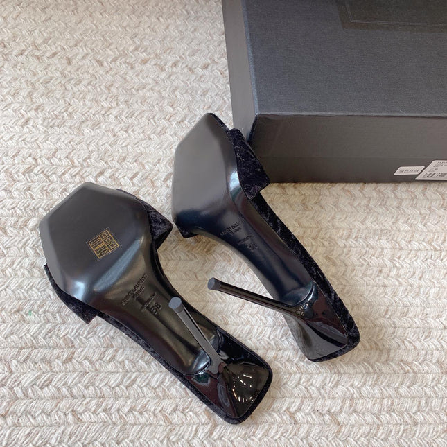 HIGH HEEL SLIDES IN BLACK VELVET