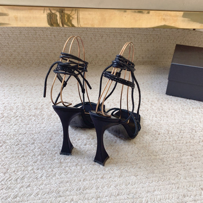 LIZA SANDALS IN BLACK SILK WITH CRYSTALS