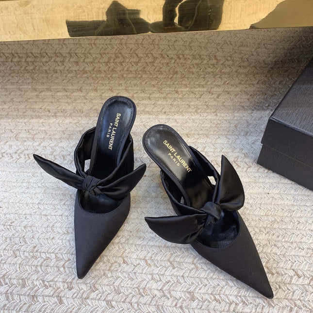 BARBARA BIG BOW MULES IN BLACK SILK